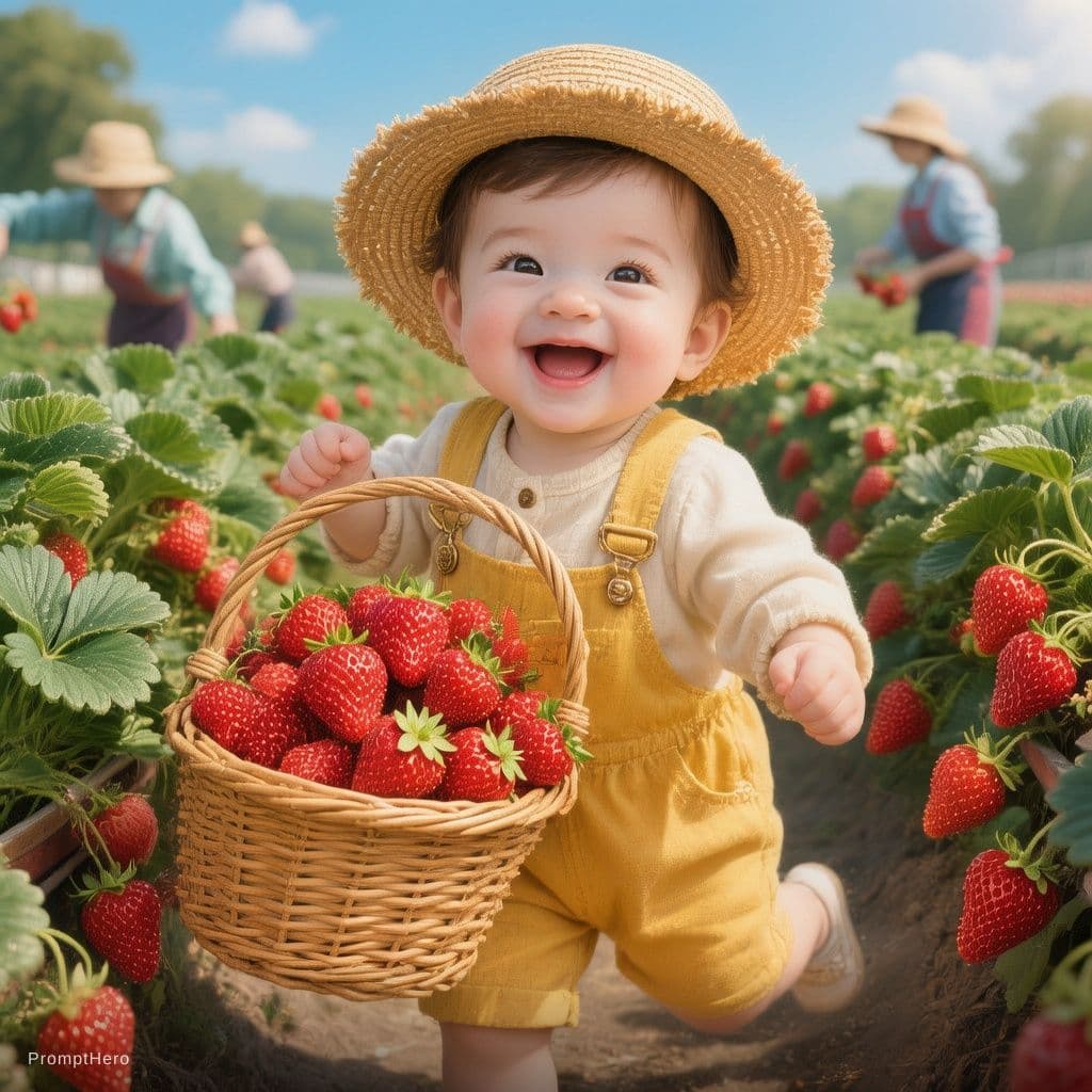 AI generated: A super cute baby wearing a straw hat and a yellow outfit, holding a basket overflowing with bright ...