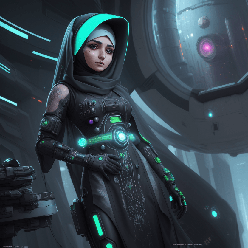 AI generated: Hijabi cute girl with cyberpunk prosthetics, with QURAN, in islamic dress, long hair, Spaceship insi...