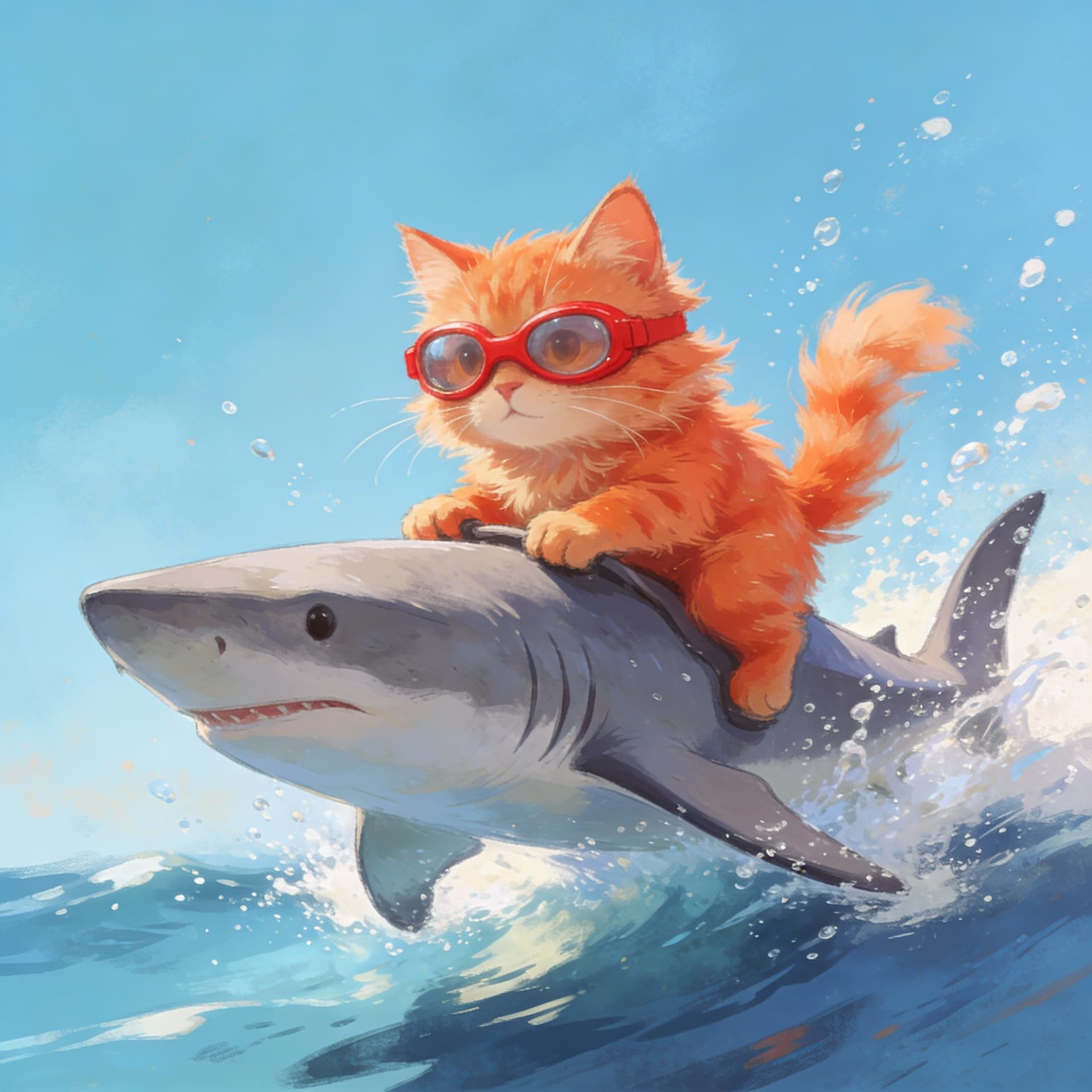 AI generated: 
A ginger cat wearing swimming goggles is riding a shark