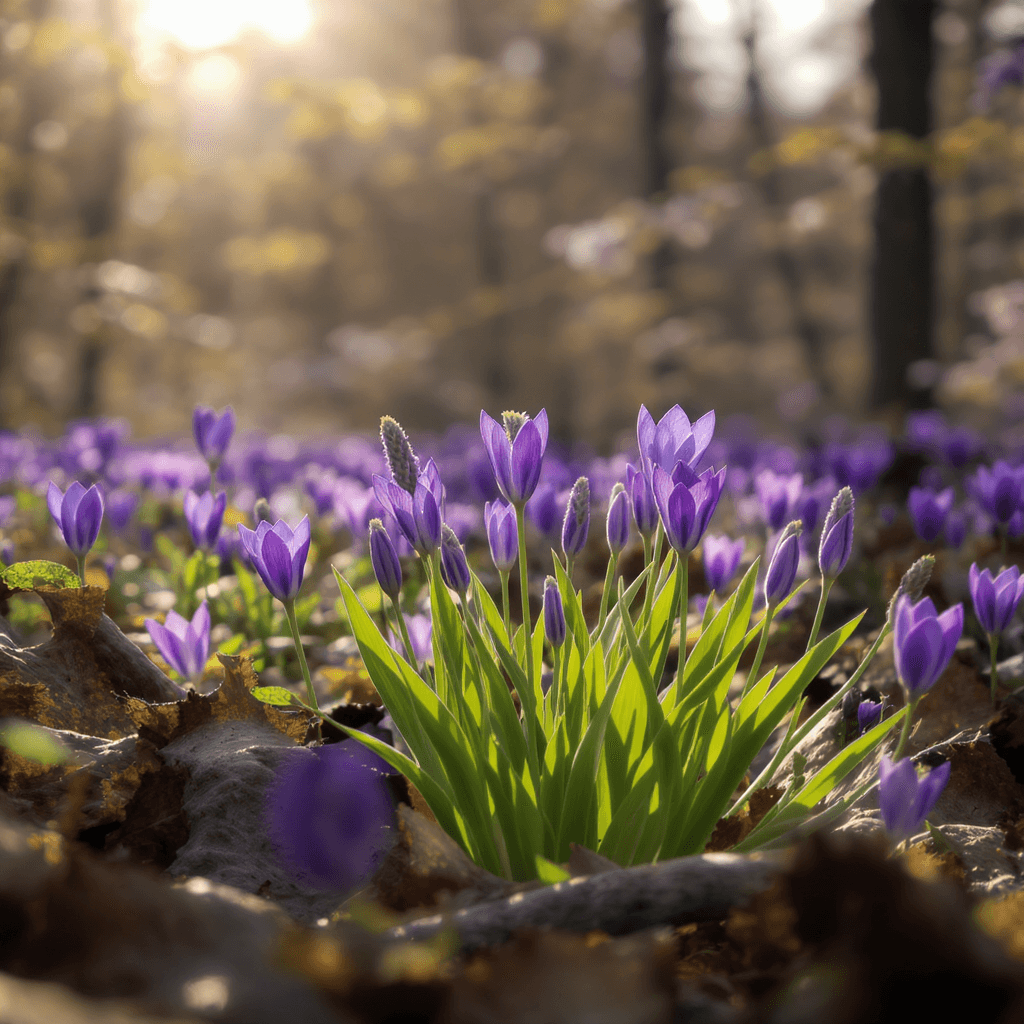 AI generated: scilla in the spring forest in the dawn light, professional colour grading, soft shadows, no contras...