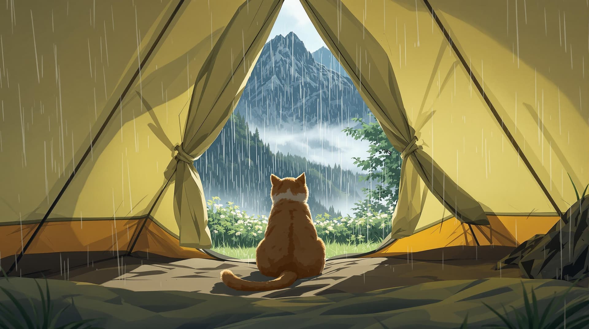 AI generated: Inside the big mountain tent,The entrance to the tent is open and it's raining outside.Only a cat is...