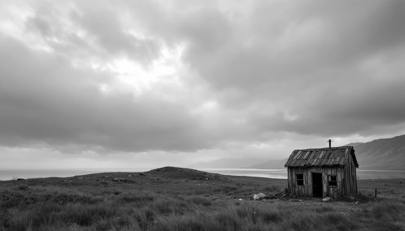 AI generated:  high definition black n white - camera shot from front- a poor worn out hut near  a lake