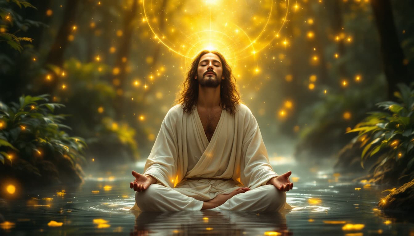 AI generated: jesus in zen meditation in forest ,serenity,surrounded by divine light in a medieval European-style ...