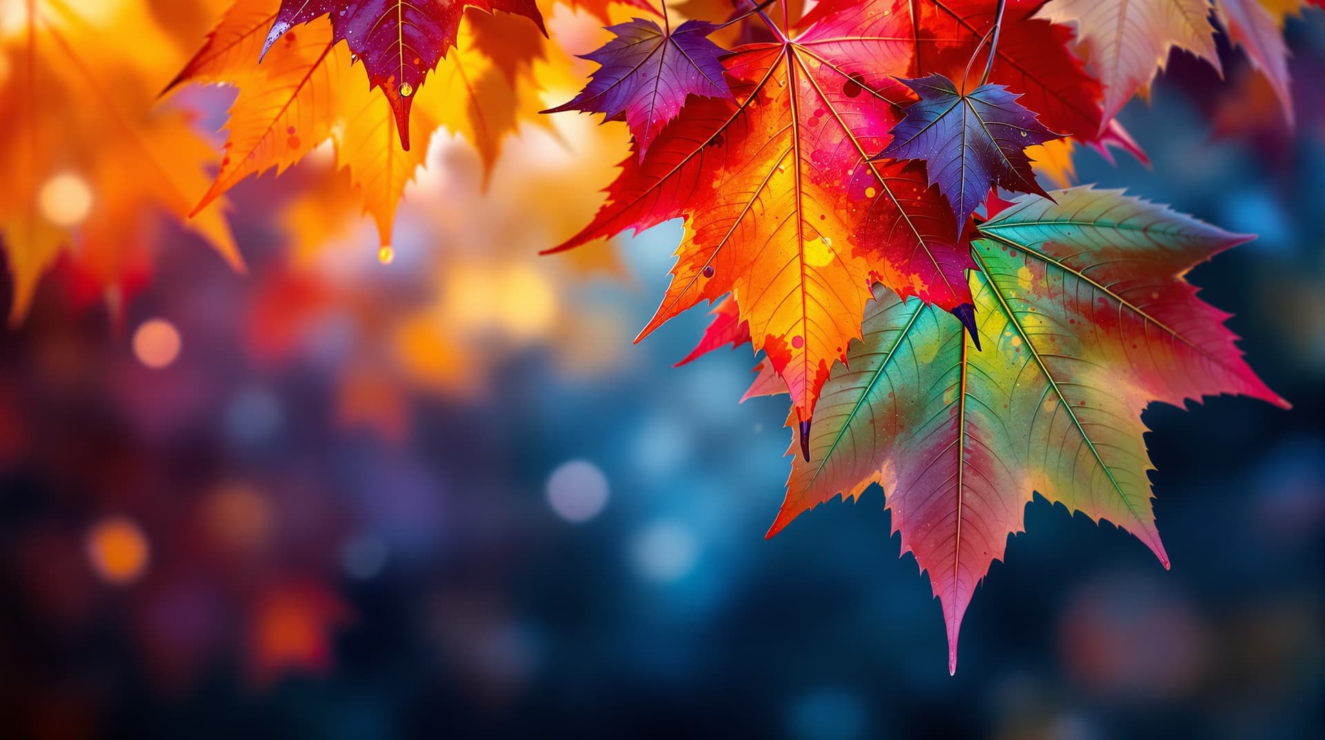 AI generated: a digital abstraction of a few autumn leaves cascade down, dripping and melting in a multicolored zo...
