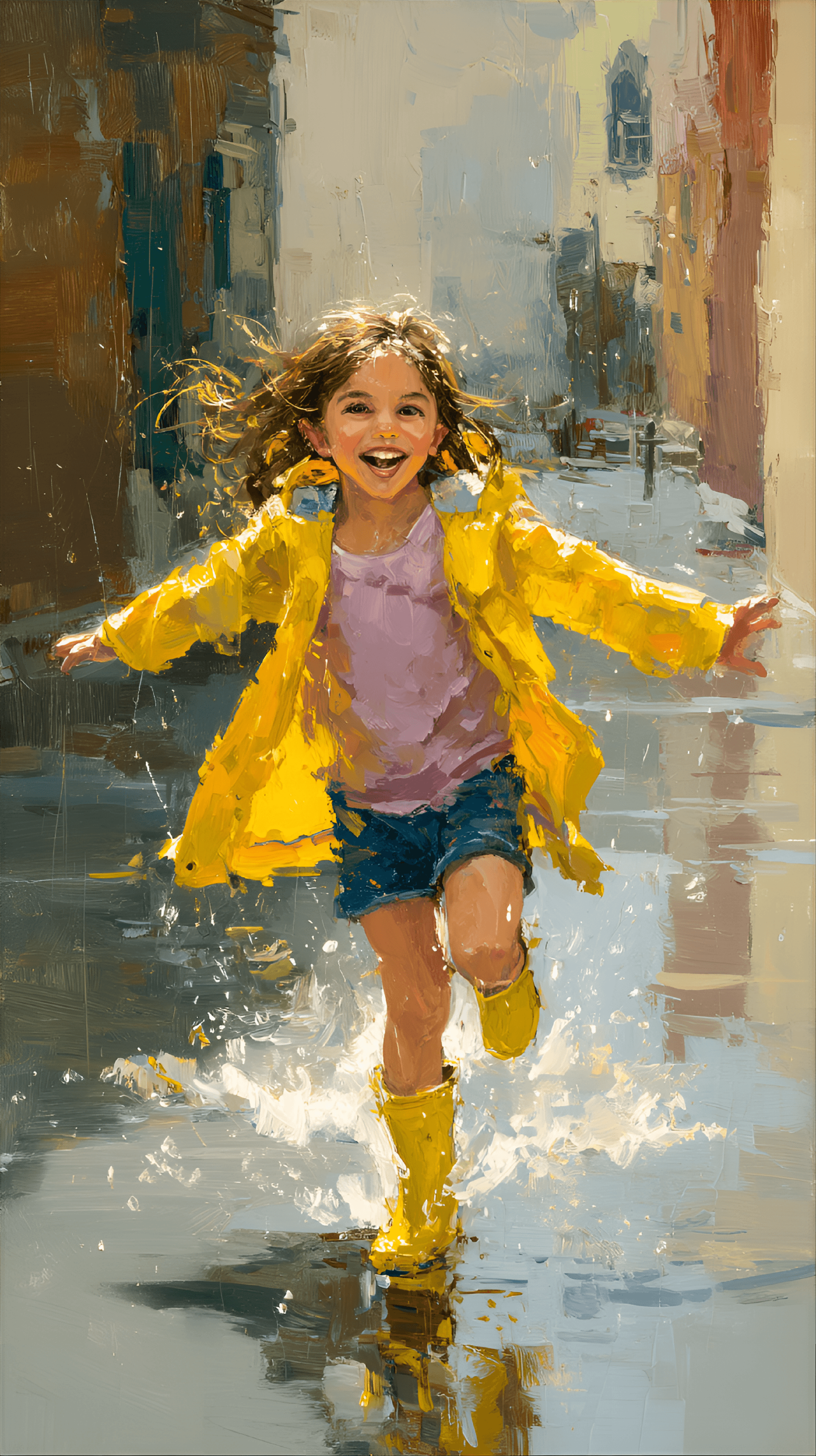 AI generated: young girl, likely 4-6 years old, of light complexion, is joyfully leaping in puddles on a city stre...