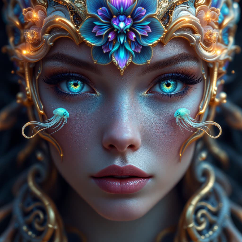 AI generated: Goddess close-up portrait ribcagel. jellyfish phoenix head, nautilus, orchid, skull, betta fish, bio...