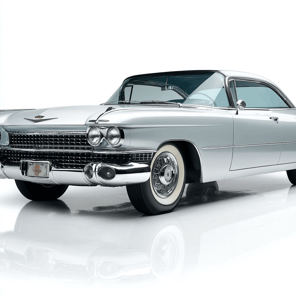 AI generated: vintage 1959 Cadillac Eldorado clipart, showcasing its extravagant tailfins, chrome grille,
and lux...