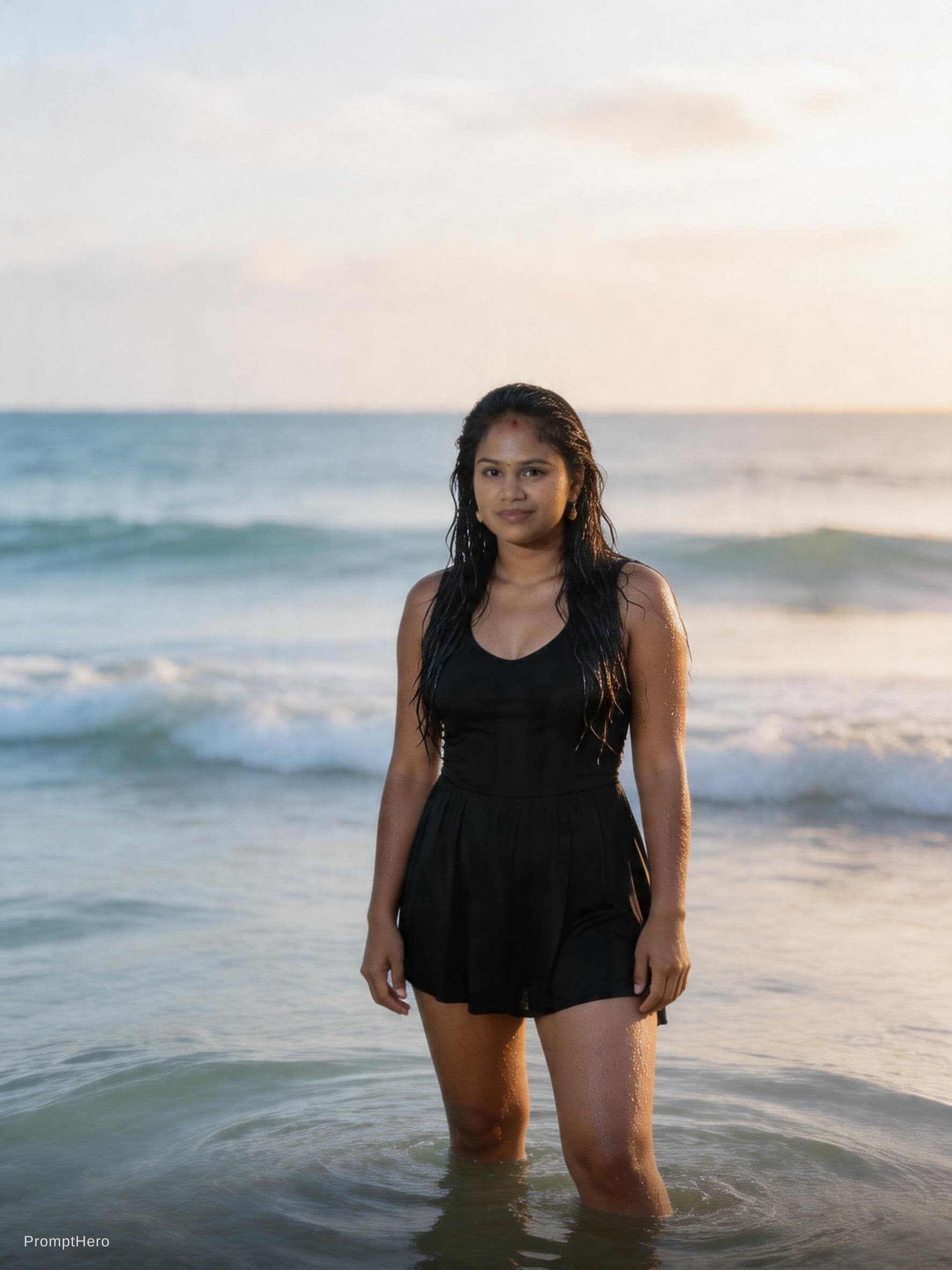 AI generated: A fit adult woman stands in shallow ocean water, wearing a black bikini. Her wet hair flows down her...