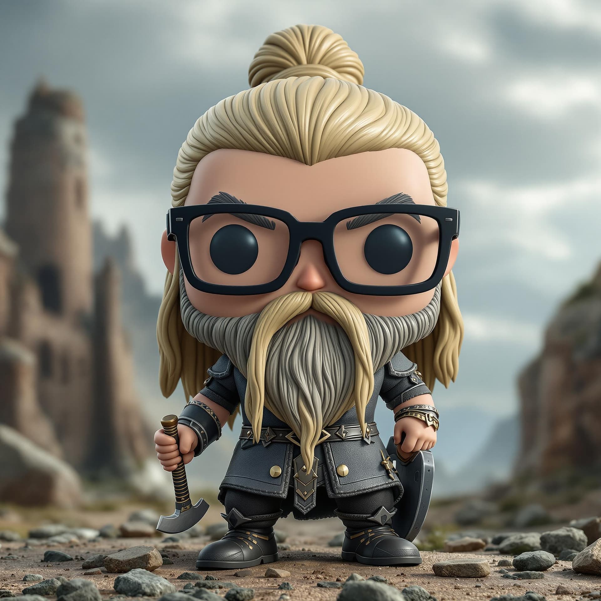 AI generated: fUNKO pOP  Photo of a ultra realistic Viking with sword and axe, long hair gathered in a bun, ash bl...