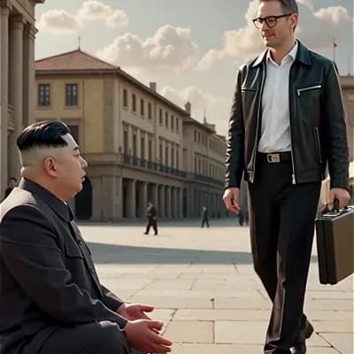 AI generated video: 지나가던 NVIDIA CEO 젠슨황이 구걸을 하고 있는 북한지도자 김정은을 발견합니다. 젠슨황은 자기 가방에서 선물상자를 꺼내 김정은에게 건네줍니다. 김정은은 thank you 하...