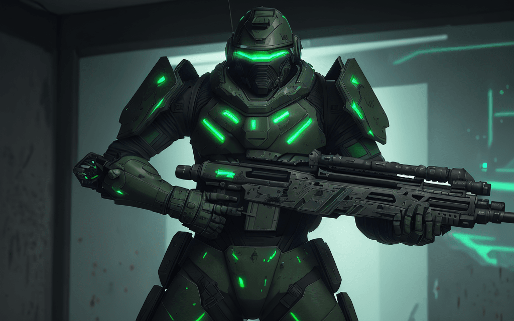 AI generated: brutal man warrior stands and holding a M41A Pulse Rifle in his hands, after the battle,
 (video gam...