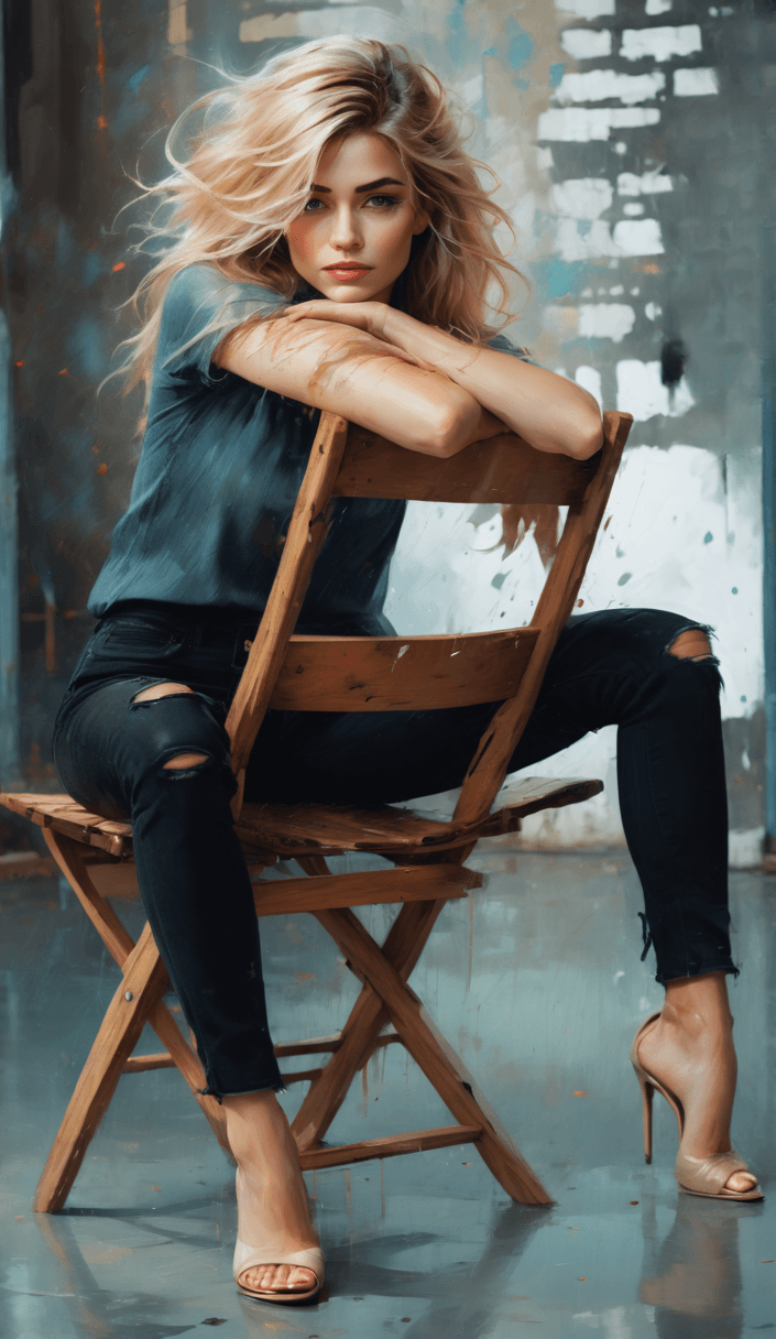 AI generated: The image features a beautiful blonde woman sitting on a wooden chair, wearing a black shirt and jea...