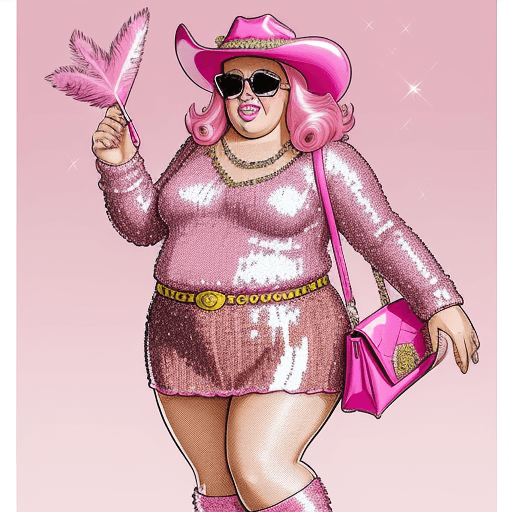 AI generated: Pink sweater, Pink, sequin, Knee length tight skirt on a fat man, Pink cowboy hat, pink sunglasses, ...