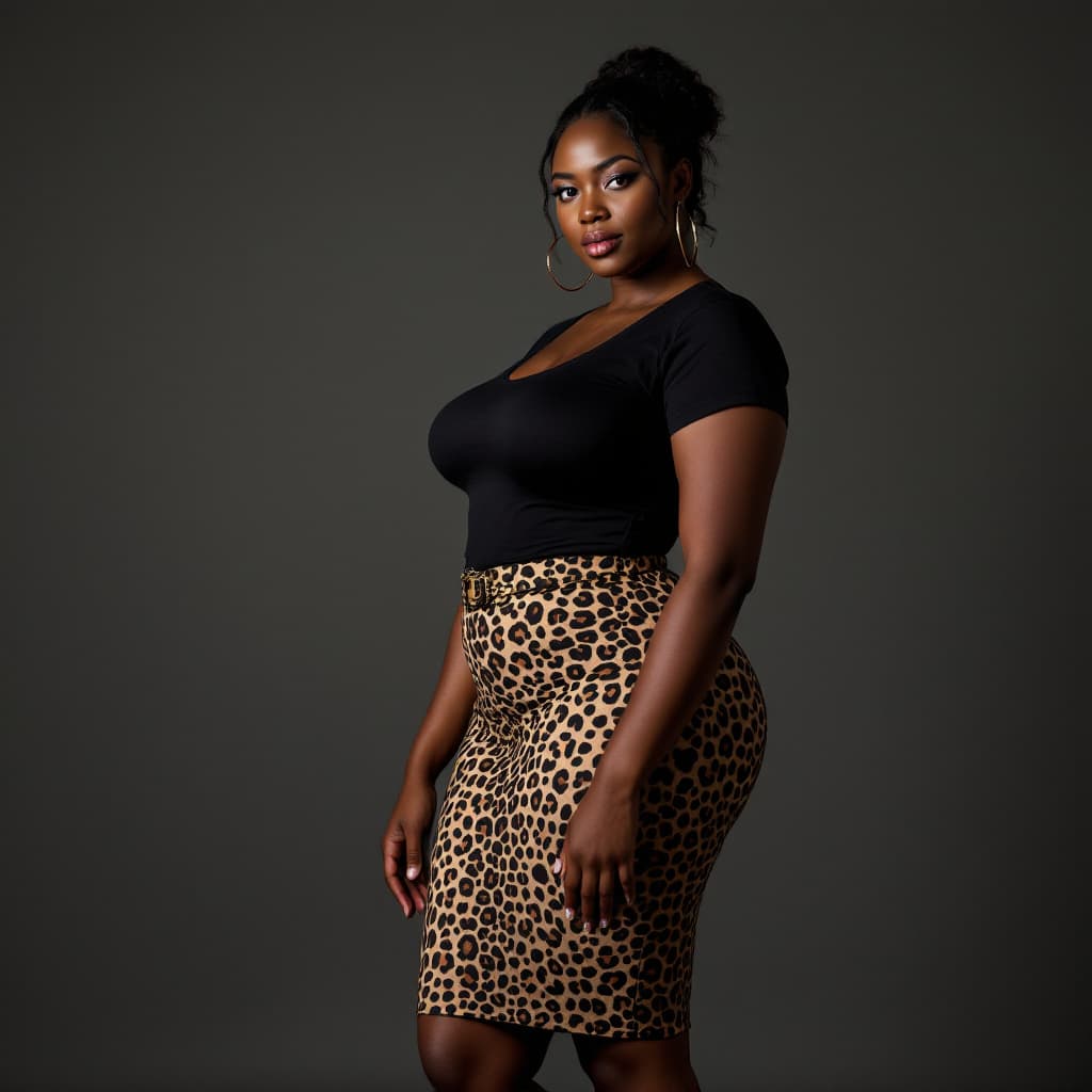 AI generated: Generate the perfect image of a beautiful black slim, thick woman with wide hips wearing a mid-lengt...