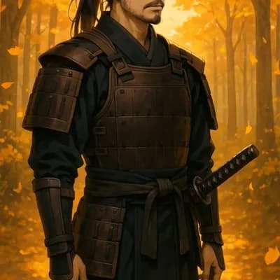 AI generated video: the leaves are falling, he is smiling and unsheathe the sword