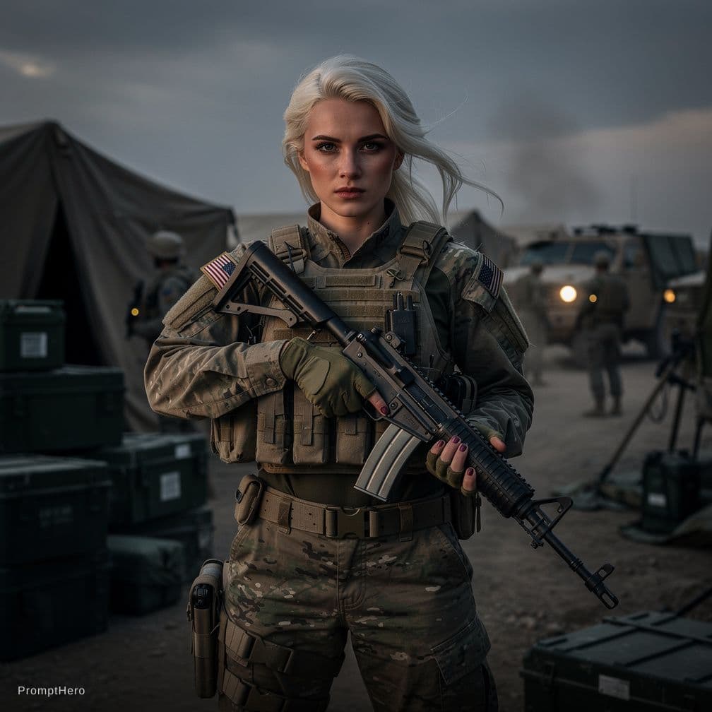 AI generated: A platinum haired military woman with a stern look, holding the shotgun with her hands, in a militar...