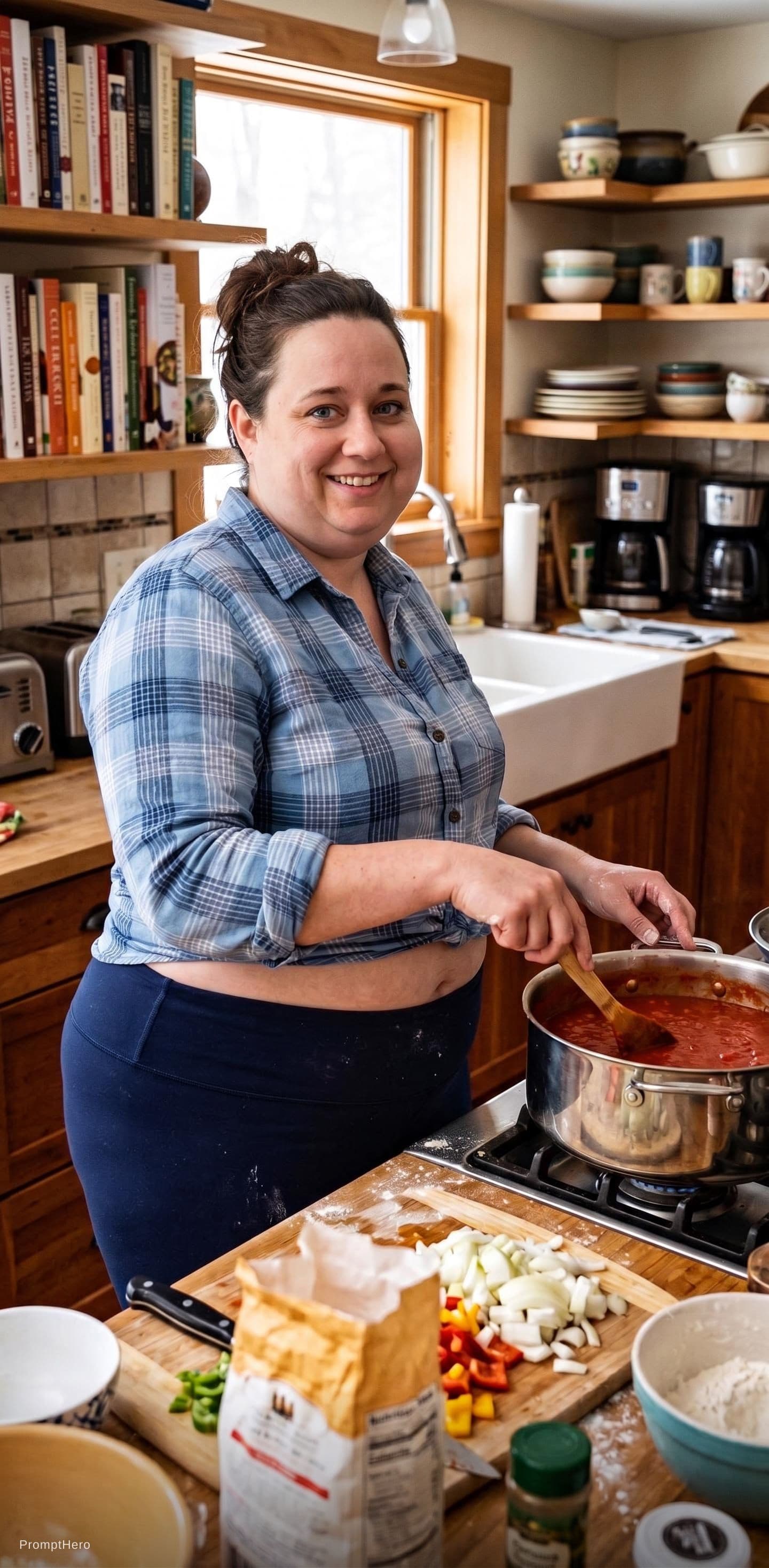 AI generated: A  massive plus size extremely morbidly obese hot 30 year old white woman dressed in yoga pants and ...