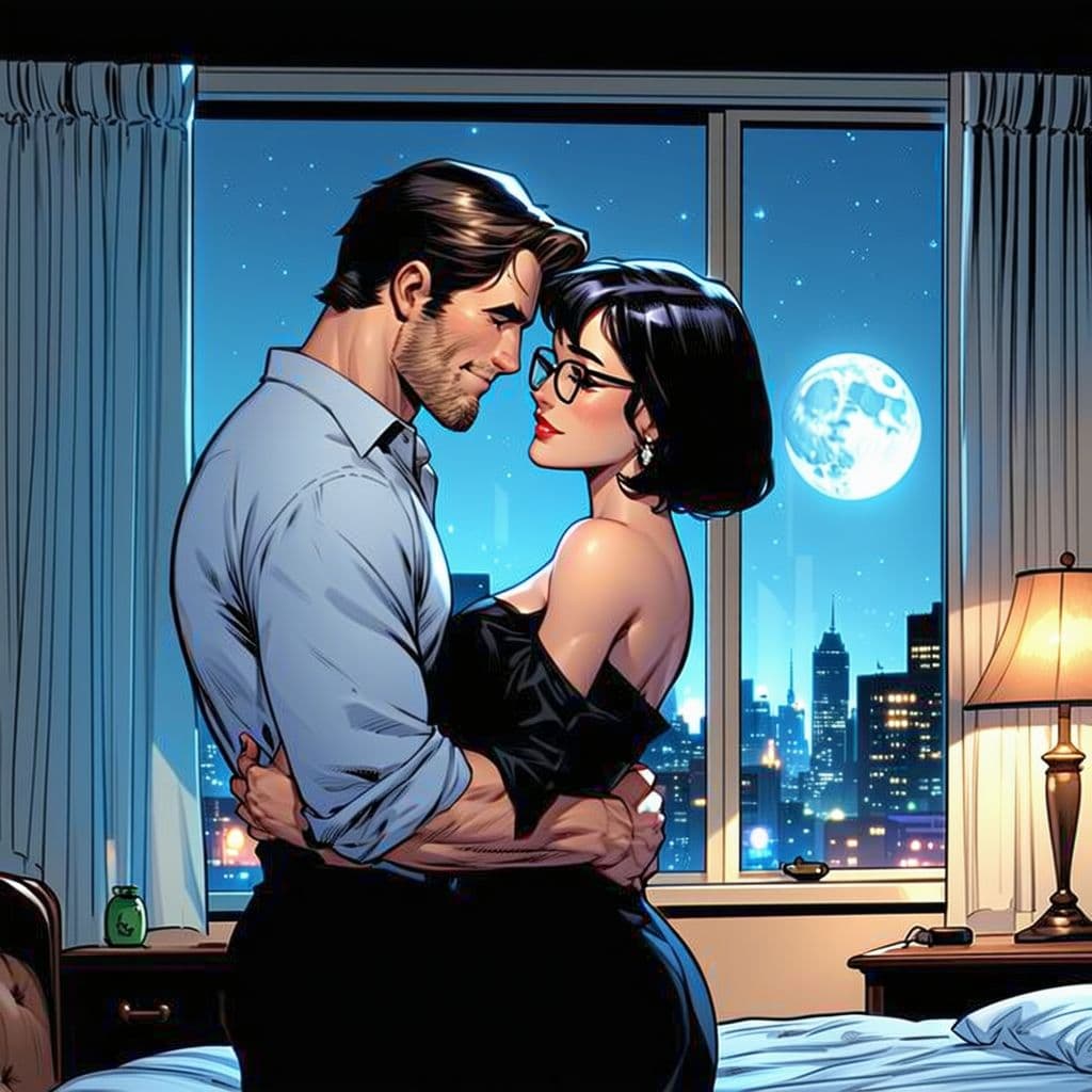 AI generated: Create a romantic 90s comic book style image in a bedroom. The scene features a man and woman standi...