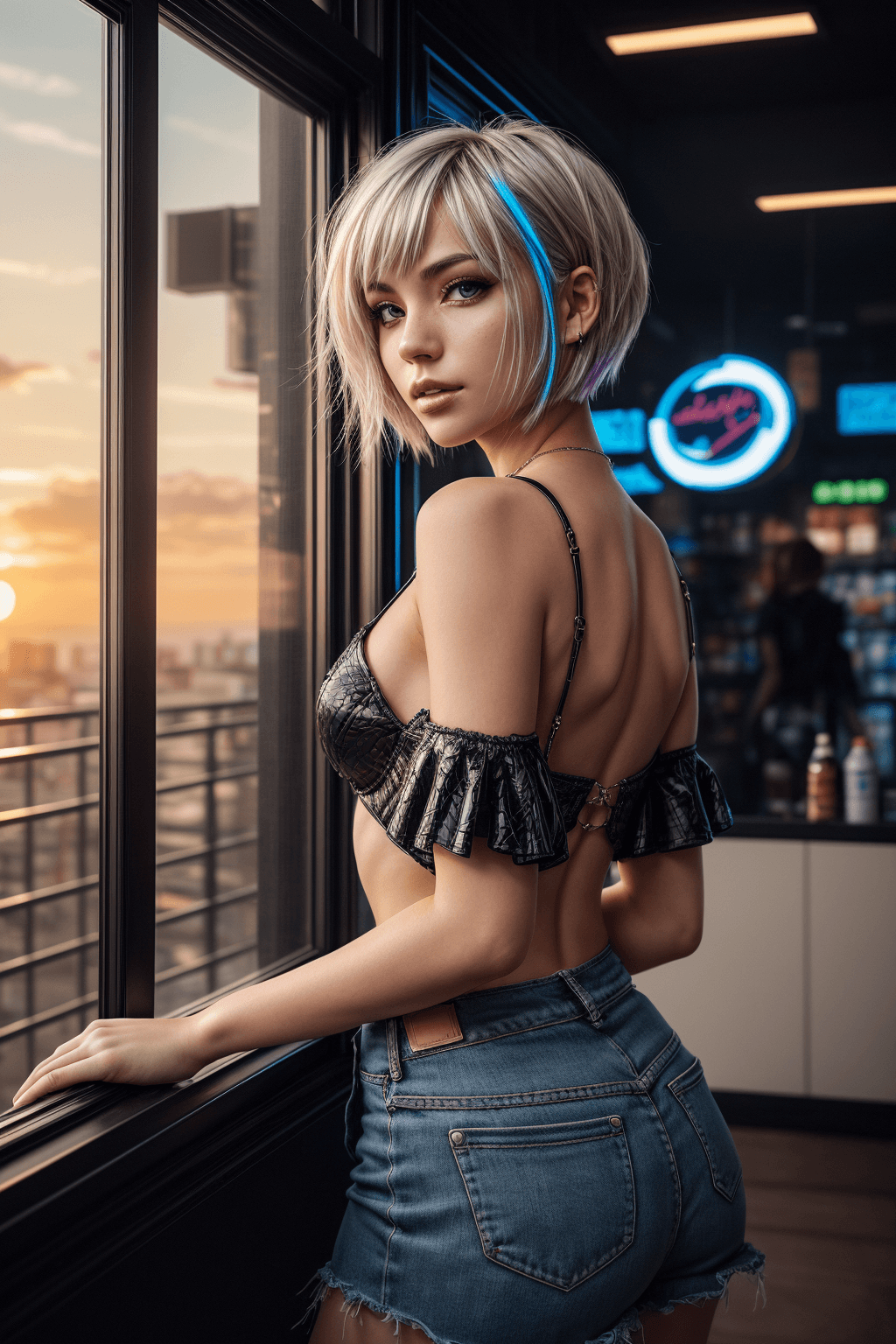 AI generated: portrait photo of a stylish beautiful girl in a future convenience store, asymmetric hair cut, cyber...