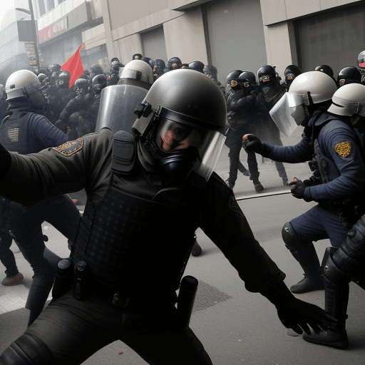 AI generated: a riot policeman hits a protester
