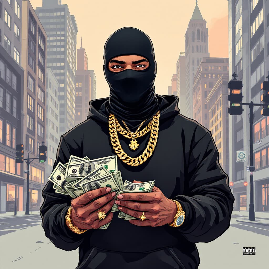 AI generated: A album cover of a  trap rapper with gold chains around his neck, wearing a black balaclava, holding...