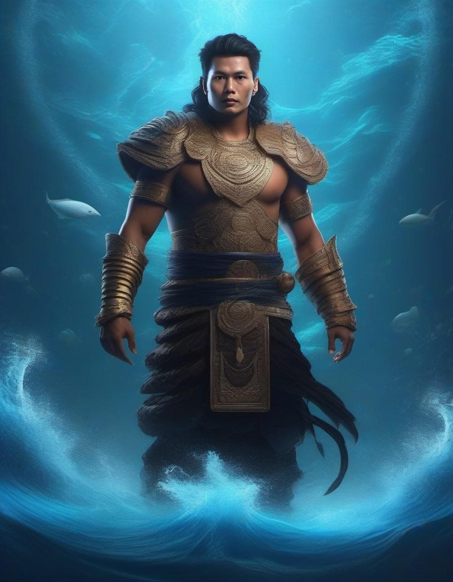 AI generated: brutal man king of ocean in spiral wave water, blue fog, mist background glorious , perfect face, re...