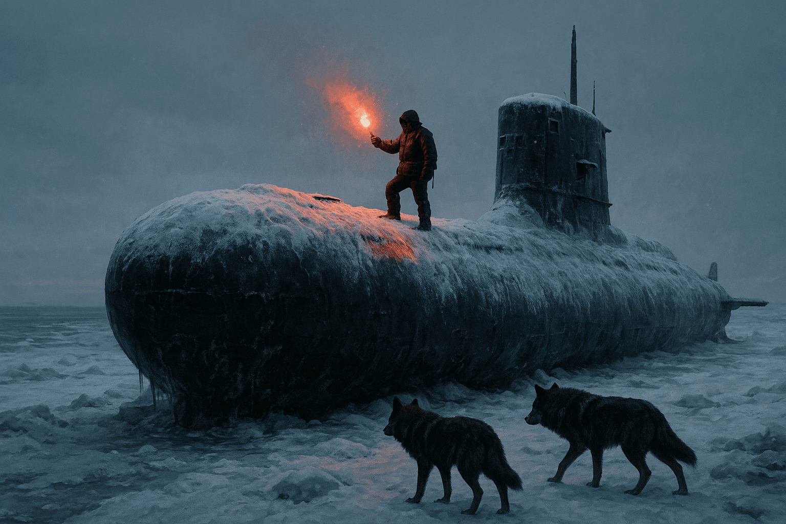 AI generated: Render a hyperrealistic digital painting of a partially submerged, dark submarine heavily coated in ...