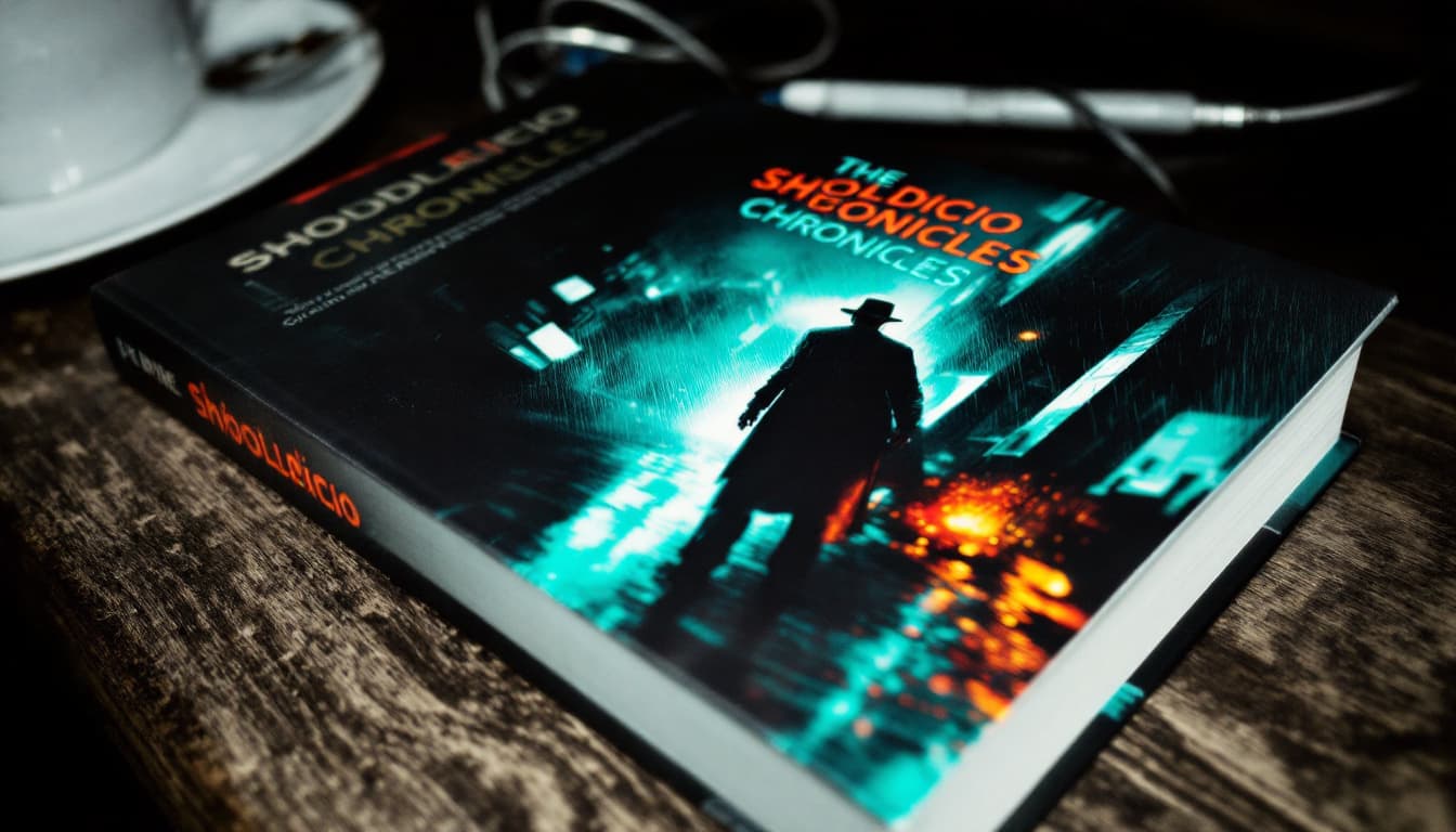AI generated: A book on a desk with a film noir image of a man in a fedora hat standing in a neon lit, rainy stree...
