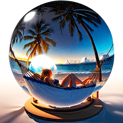 AI generated: Create an image of a gigantic snow globe with a beach scene inside. The globe is located in a twilig...