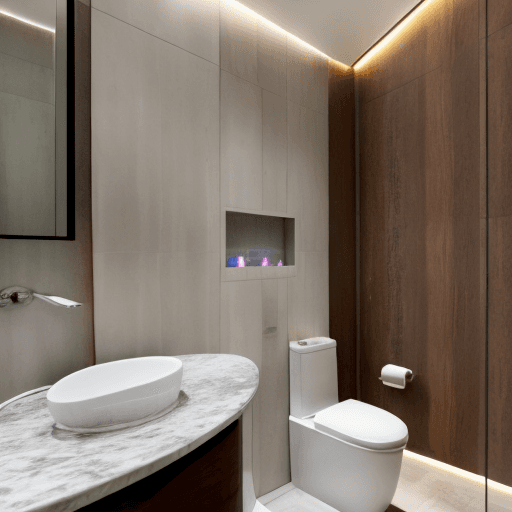 AI generated: High resolution photography interior design, ,marble floor tiles ,wc,bidet,spot lights,led lights,in...