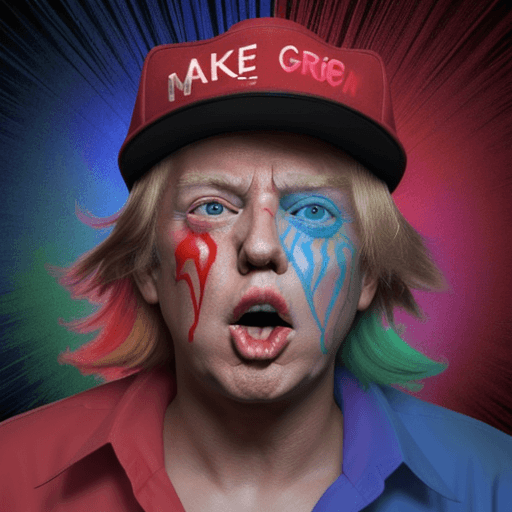 AI generated: donald trump  on a psychedelic trip with an open mouth and glowing eyes, with the make america great...