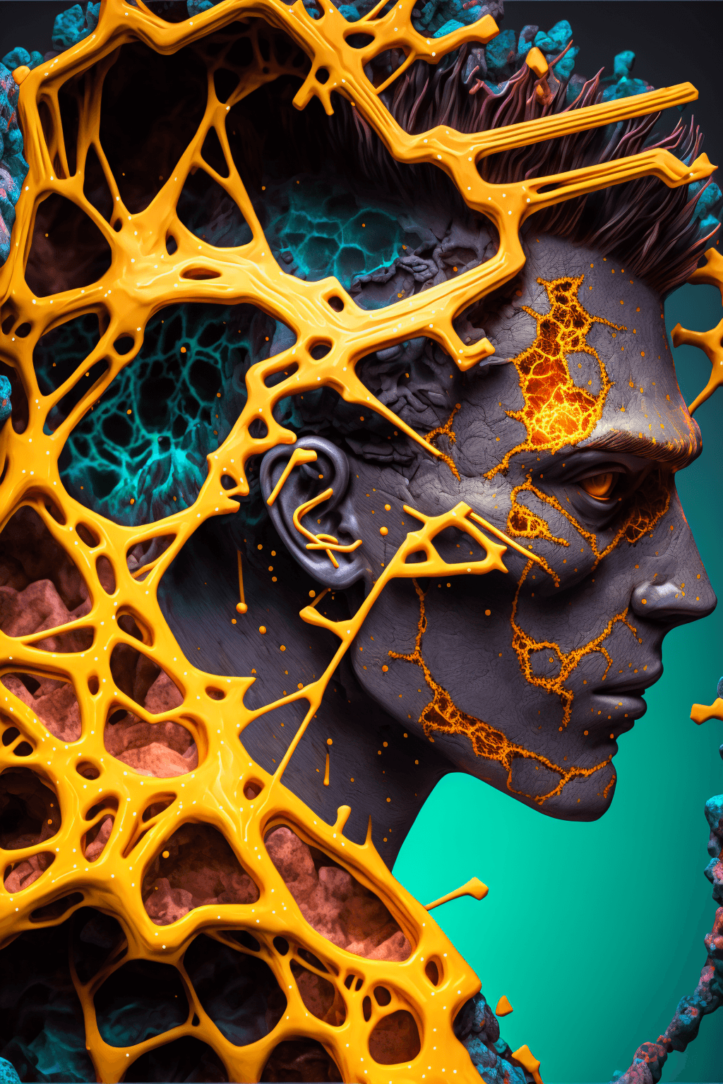 AI generated: https://s.mj.run/KSO-NIXwiFY futuristic man, gears, wires, cables, splash, neon background, epic com...