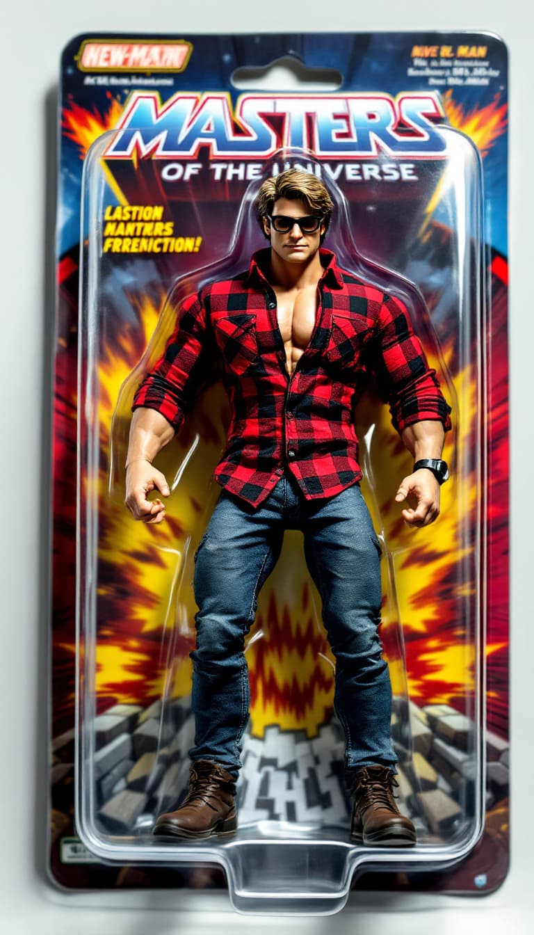 AI generated: A photo-realistic action figure packaged in a vintage 1980s He-Man style blister pack. The figure is...