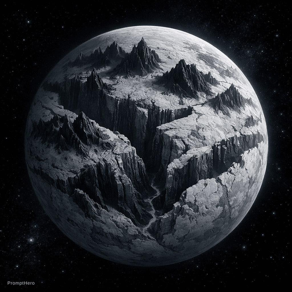 AI generated: a light grey planet with lots of deep canyons and tall black mountains floating in the darkness of s...