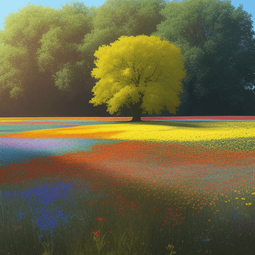 AI generated: a field of wildflowers, vivid colors, glow in sunlight, unique flowers, different sizes and colors, ...