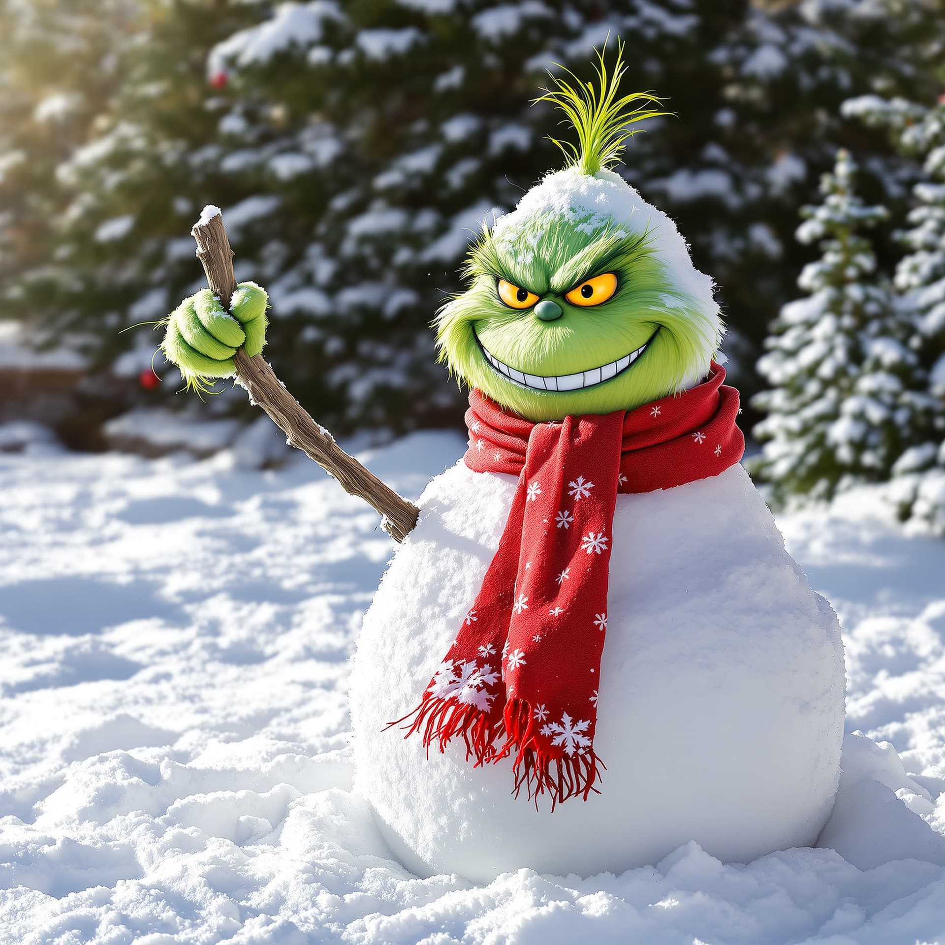 AI generated: A whimsical snowman sculpted in the likeness of the Grinch, featuring a mischievous green face with ...