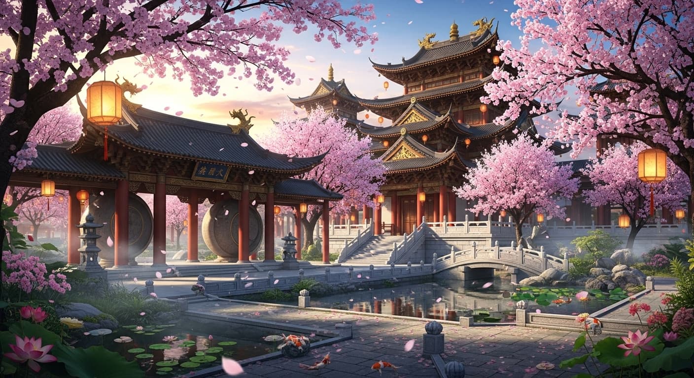 AI generated: Un temple chinois et un jardin de cerisiers en fleurs ! Illustration conceptuelle ultra détaillée.