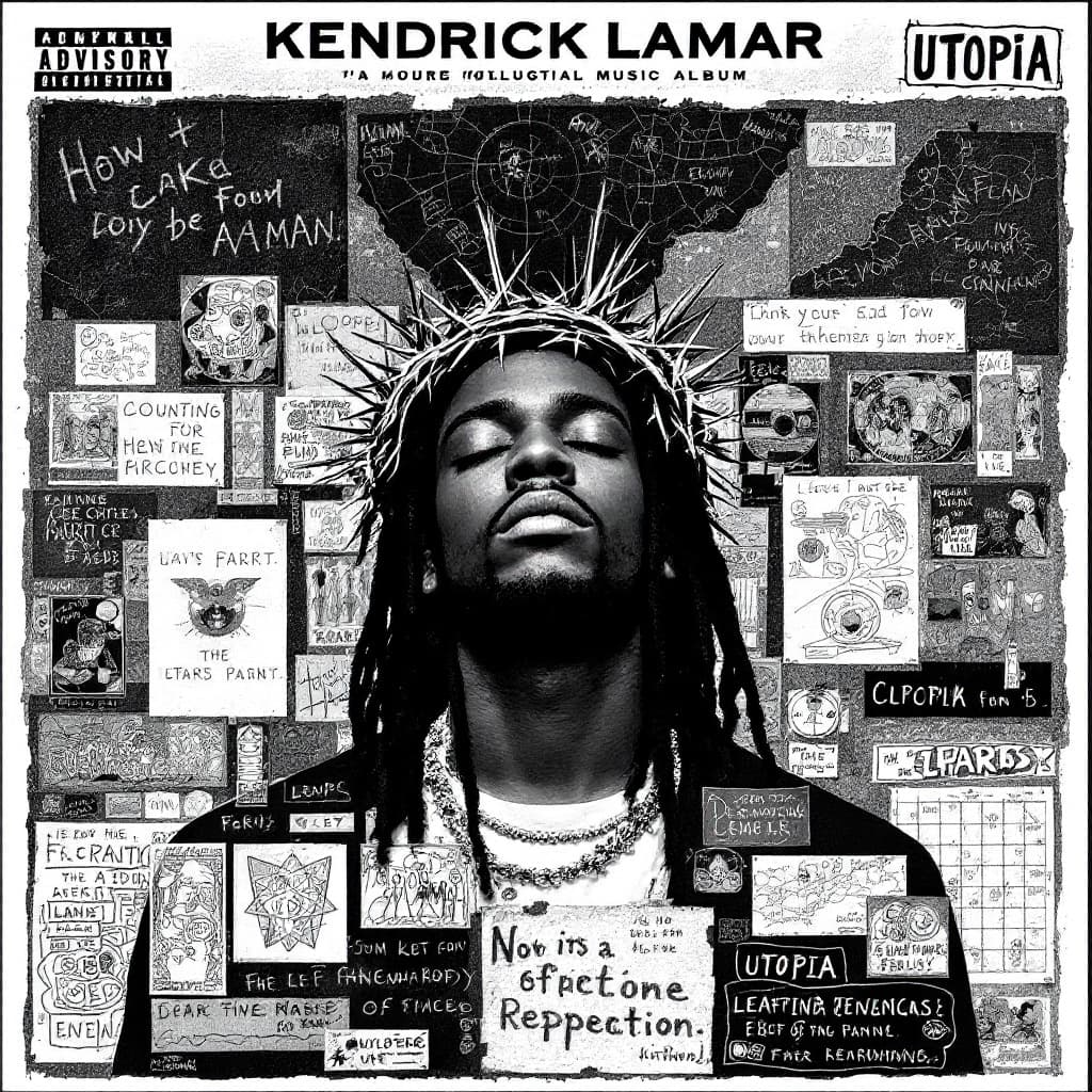 AI generated: A black and white poster for an album titled "UTOPIA" by artist Kendrick Lamar. The center of the po...