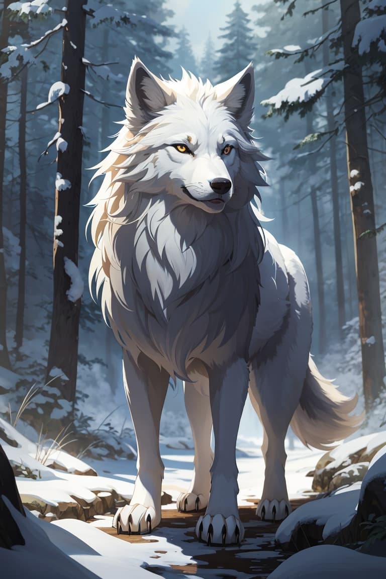 AI generated: Wolf, white wolf, in forest setting, snowy forest, concept art, anime, 2D, painting, portrait, full ...