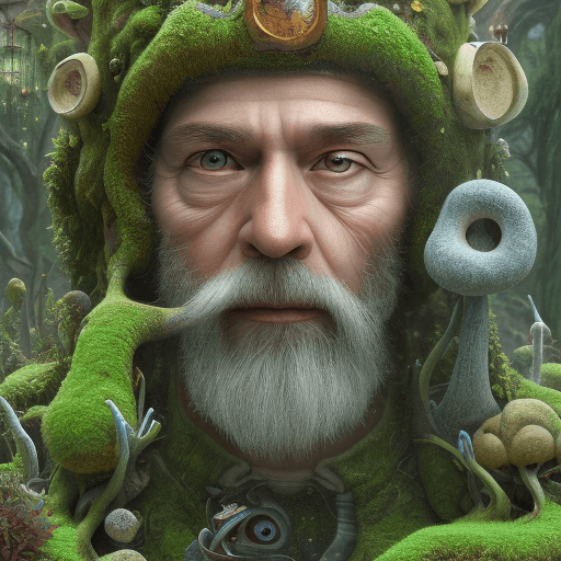 AI generated: human like mushroom gnome, intricate, realistic face, detailed portrait, detailed face, green outfit...