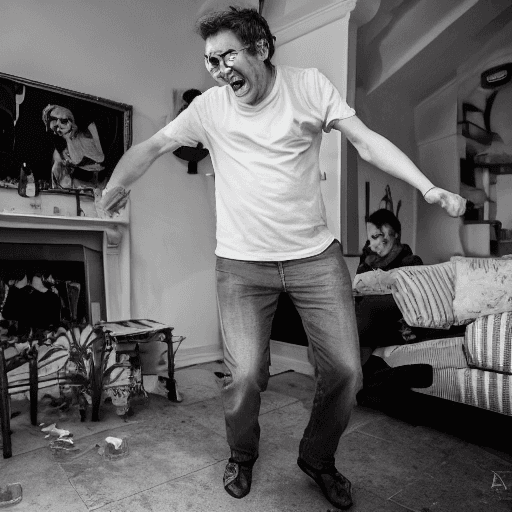 AI generated: Hyperrealistic professional photograph of a white man dancing in a very happy exaggerated way in the...