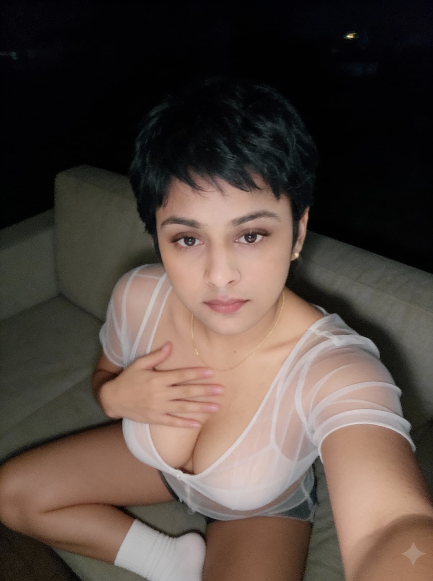 AI generated: A very ordinary iPhone selfie, of a plastic surgery customer. Augmentation to F Cup. with no clear s...