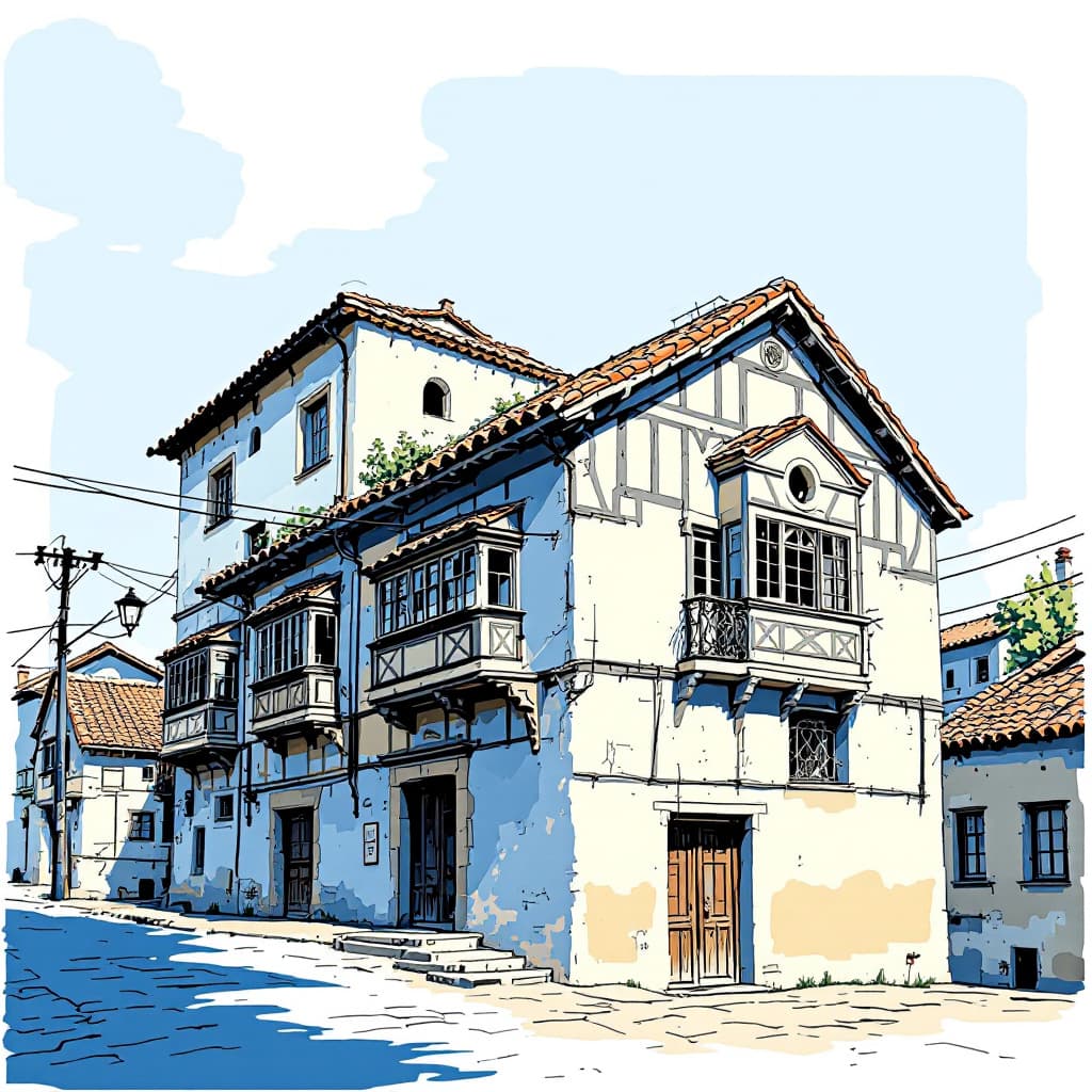 AI generated: clear line vector drawing of an old building , pronounced colour contrasts, blue and white colors