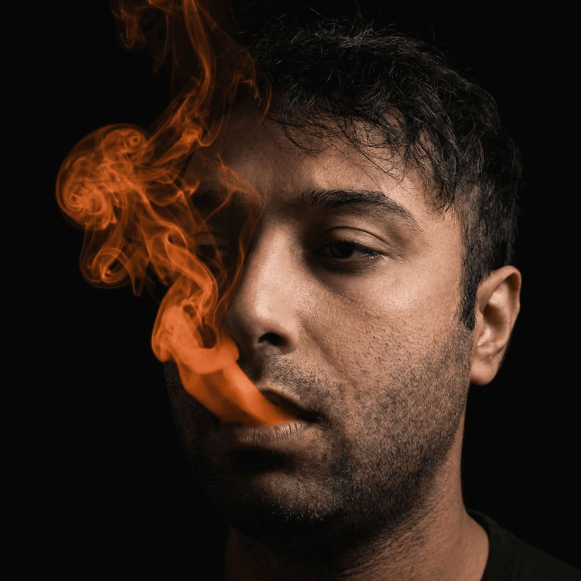 AI generated: cinematic close-up of a young man with vibrant orange smoke curling from his lips against a solid bl...