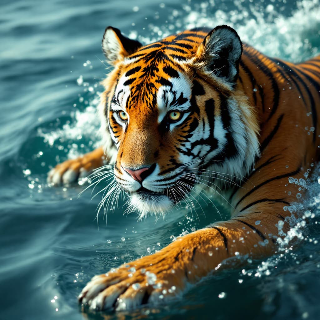 AI generated: Beautiful girl face in tiger body but human face and 
swim on the sea following up a boat