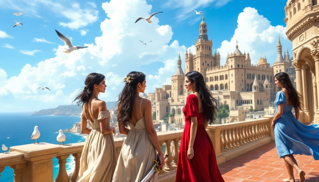 AI generated: a wide-angle view of three women in the distance standing on a balcony overlooking a city. The woman...