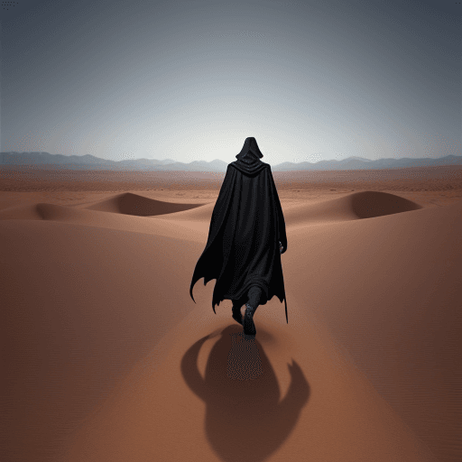 AI generated: Mysterious figure in striking cloak walking through the desert