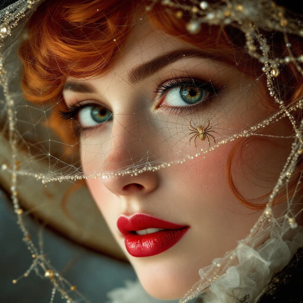 AI generated: Close-up of a beautiful red-haired woman, wearing an elegant hat with a stunning spider brooch, a de...