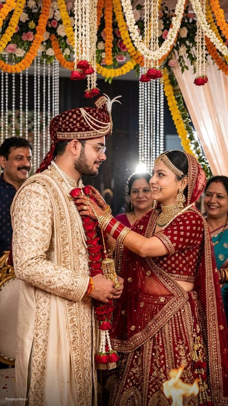 AI generated: Create the image in one frame of hindu wedding make the boy dress up like ka groom and the girly lik...