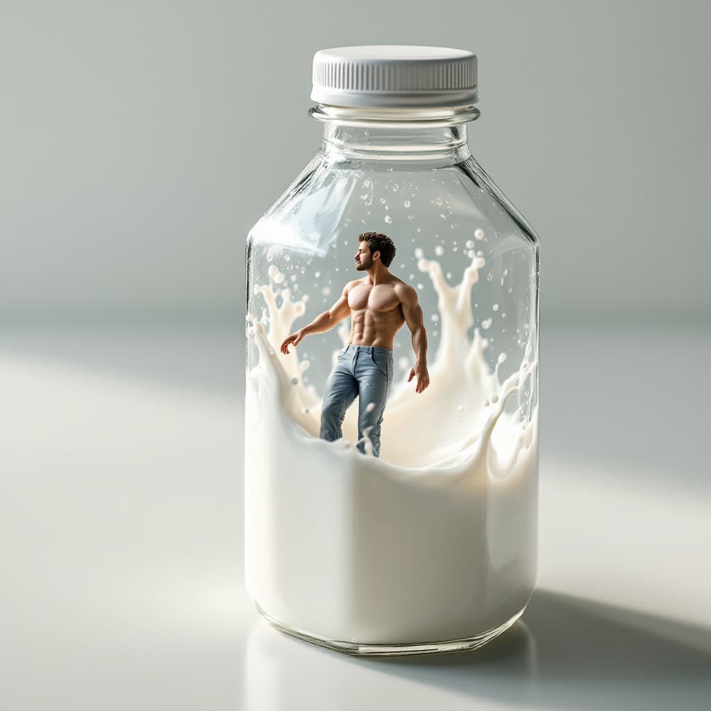 AI generated: A hexagonal bottle of crystal-clear plastic, half-filled with dense white milk, a miniature man floa...